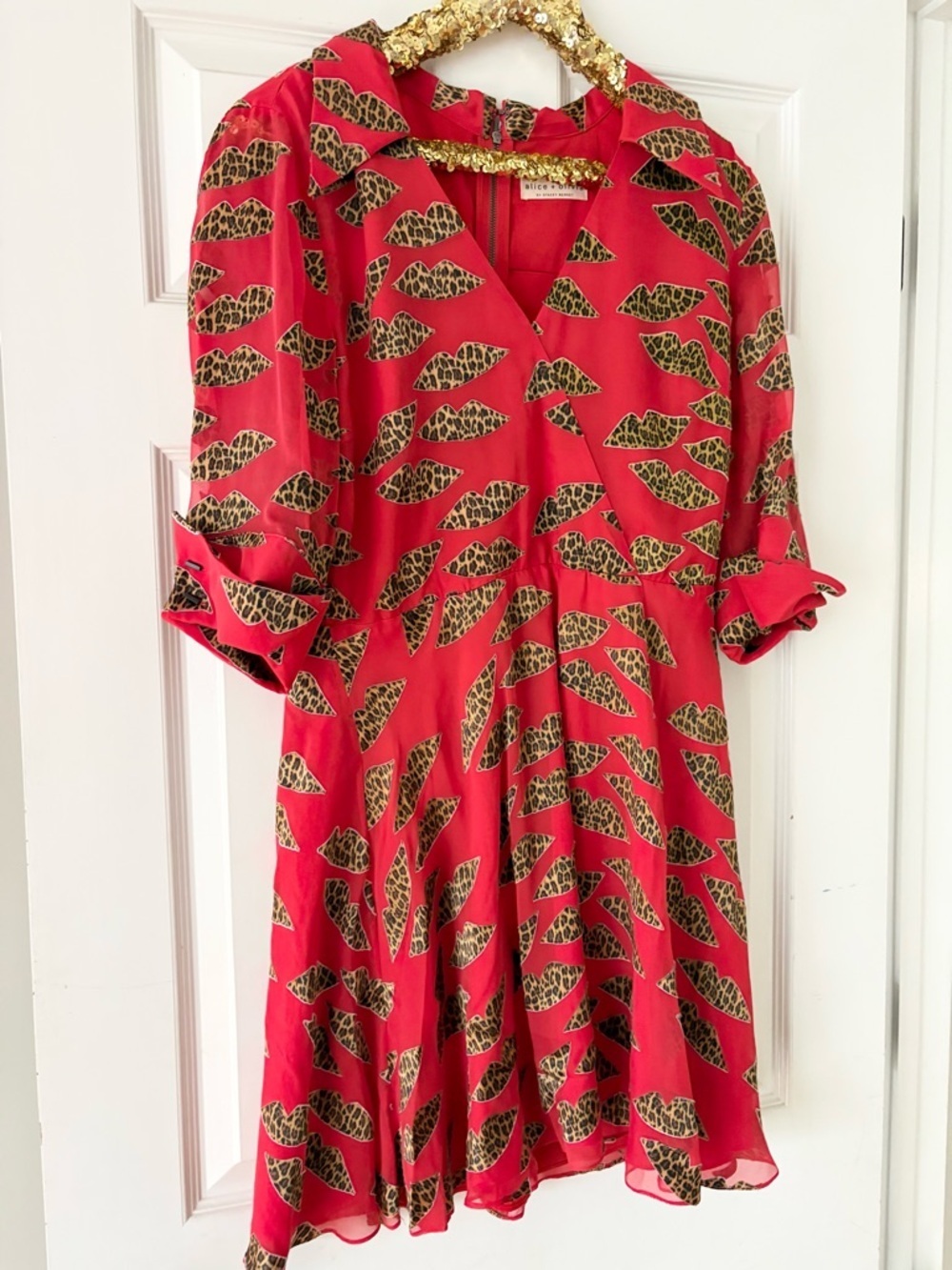 ALICE + OLIVIA x Donald Robertson Catina Faux-Wrap Cheetah Lips Dress sz 12 - Picture 5 of 13